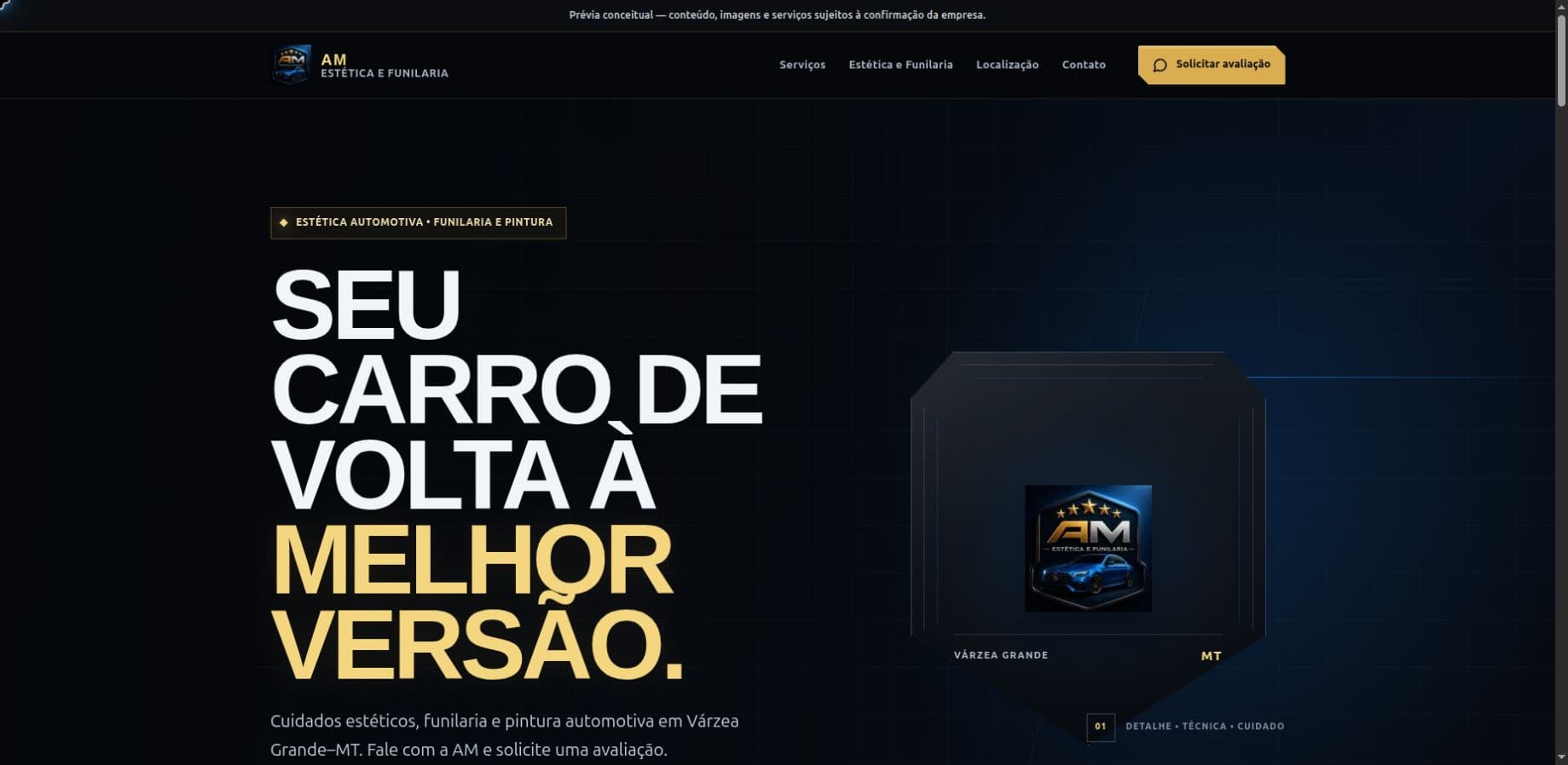 Página inicial do projeto conceito AM Estética e Funilaria