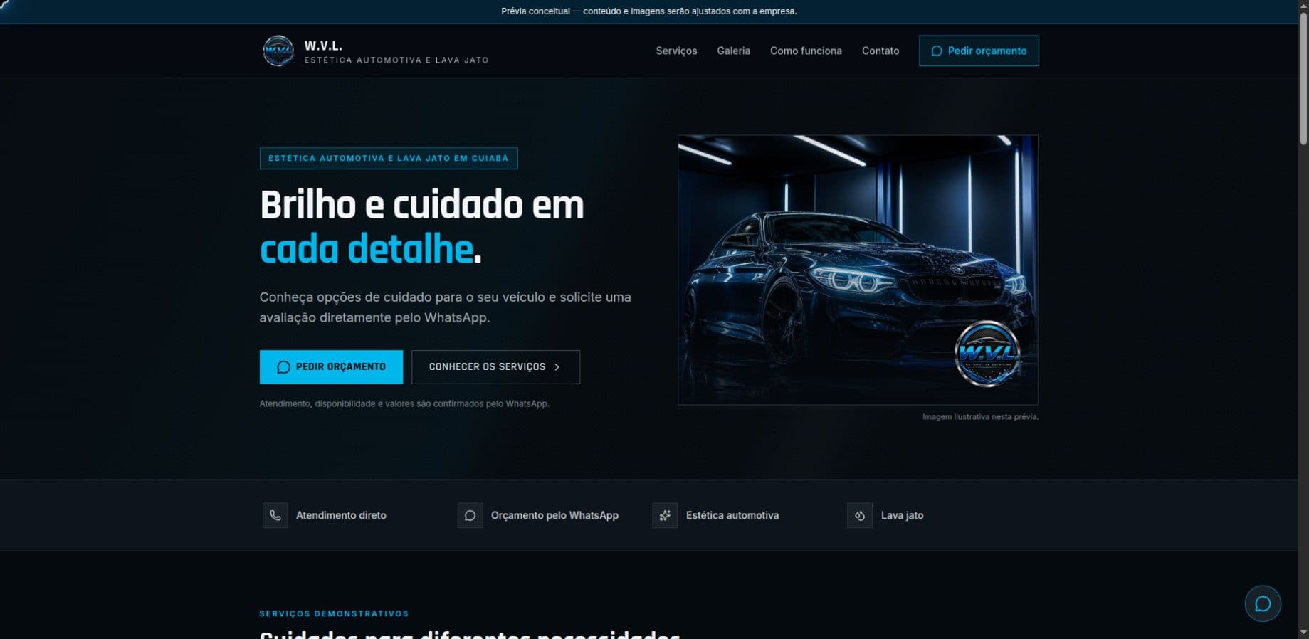 Página inicial do projeto conceito W.V.L. Estética Automotiva